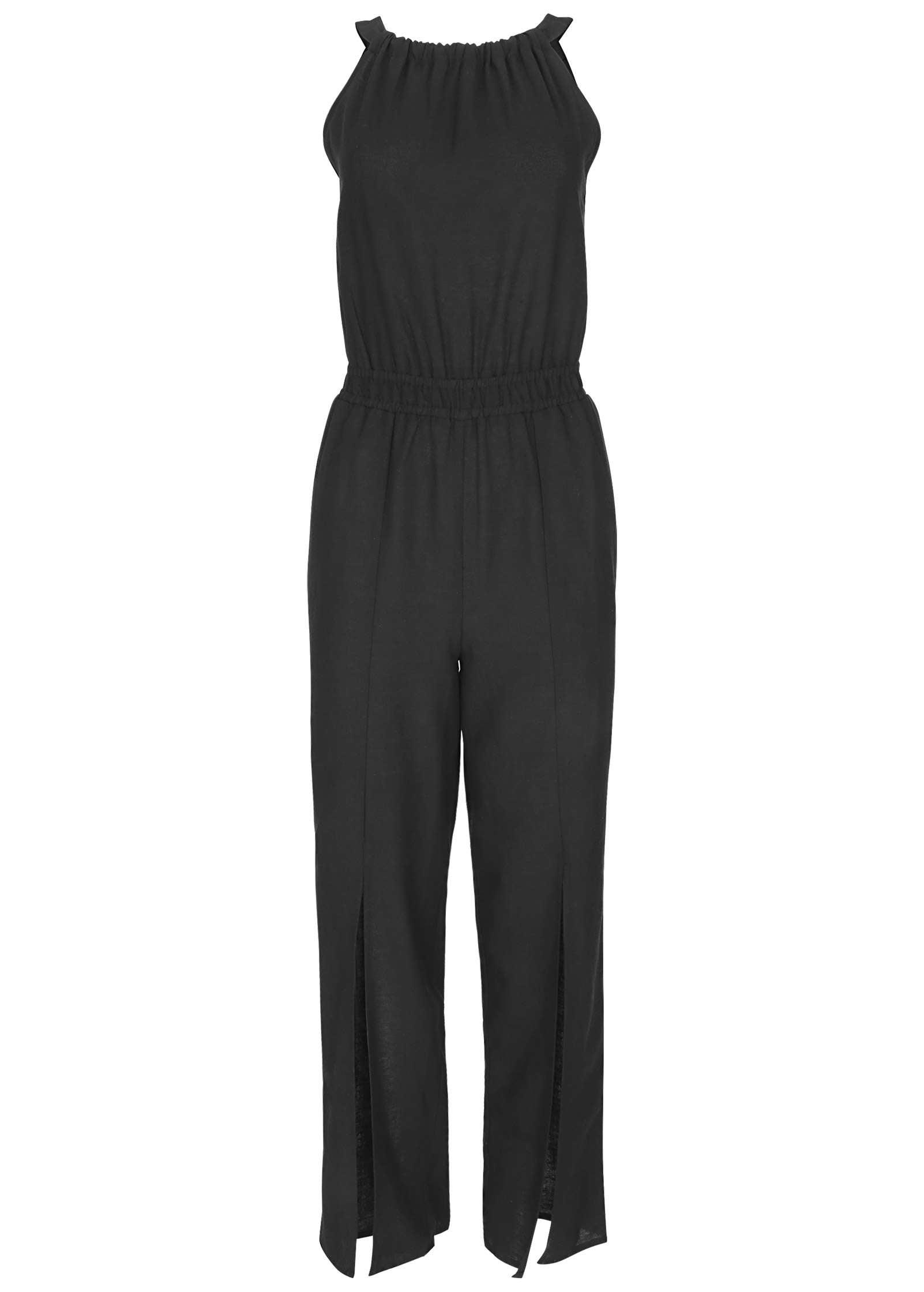 Linen Front Slit Jumpsuit - Black Product Image