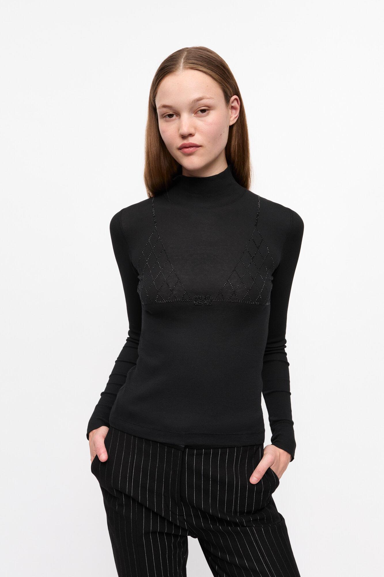 Black Soft Cotton Rib Rhinestone Top Product Image
