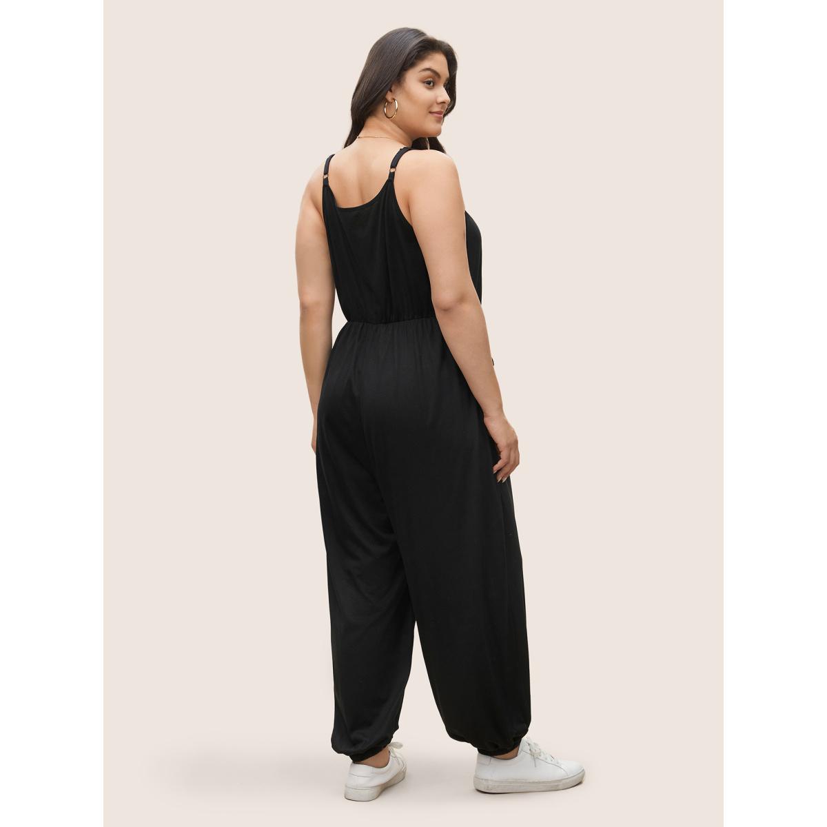 Plus Size Black Plain Ties Patched Pocket Cami Jumpsuit Women Casual Sleeveless Non Everyday Loose Jumpsuits BloomChic 22-24/3X Product Image