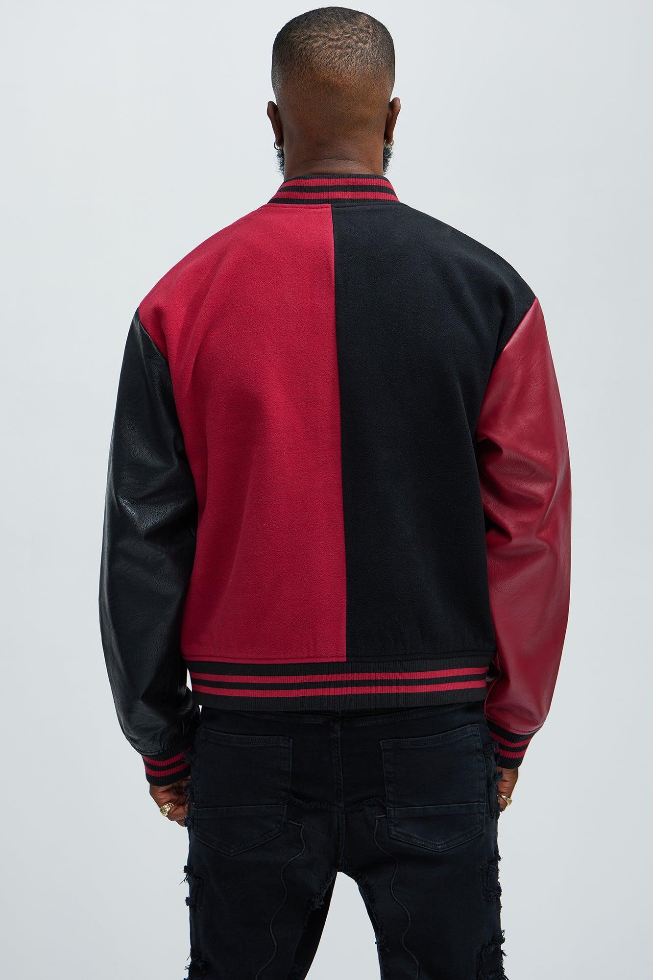For The Books Faux Leather Sleeves Colorblock Varsity Jacket - Black/Red Product Image