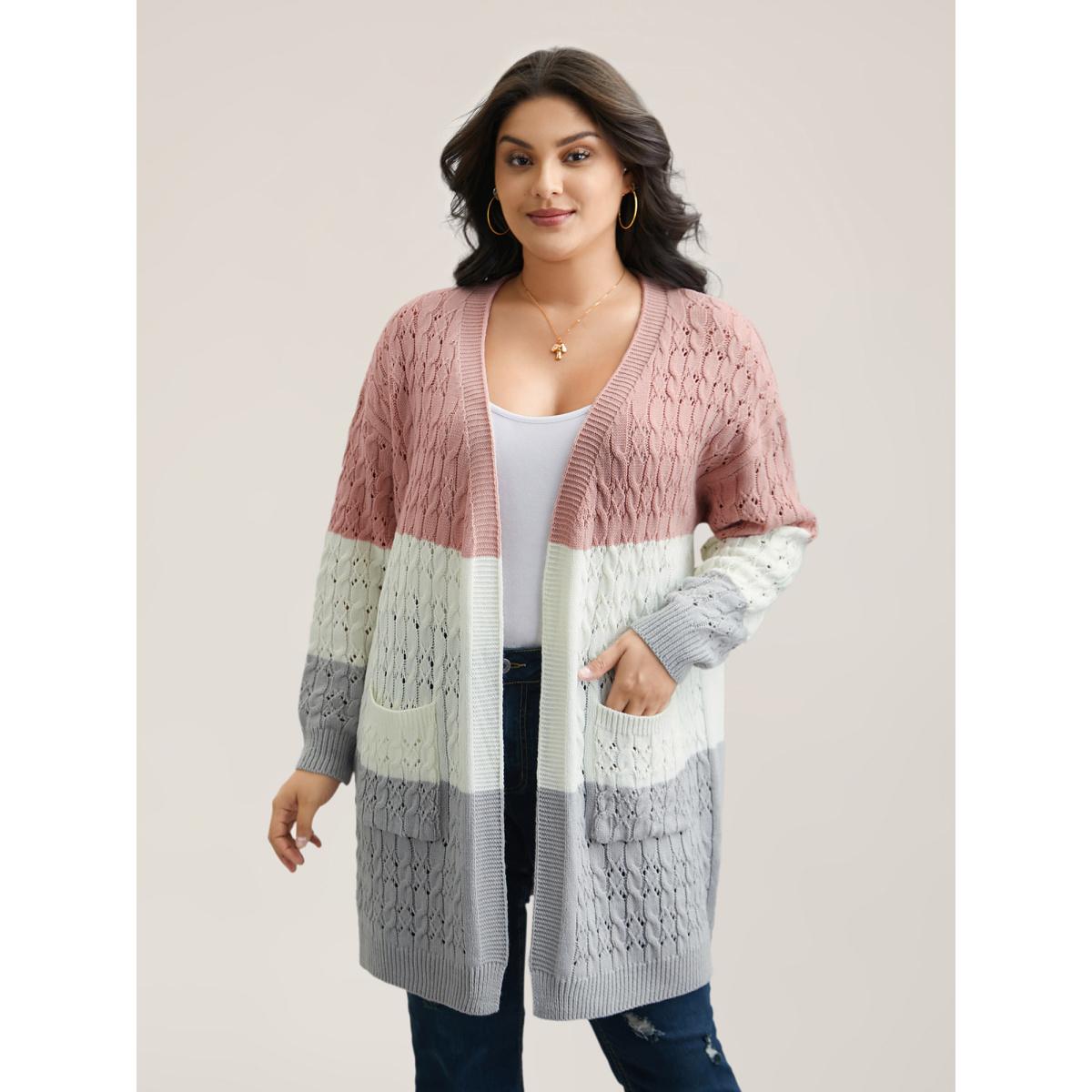 Plus Size Cable Knot Color-Block Open-Front Cardigan Crepe Women Casual Loose Long Sleeve Everyday Cardigans BloomChic 10/M Product Image
