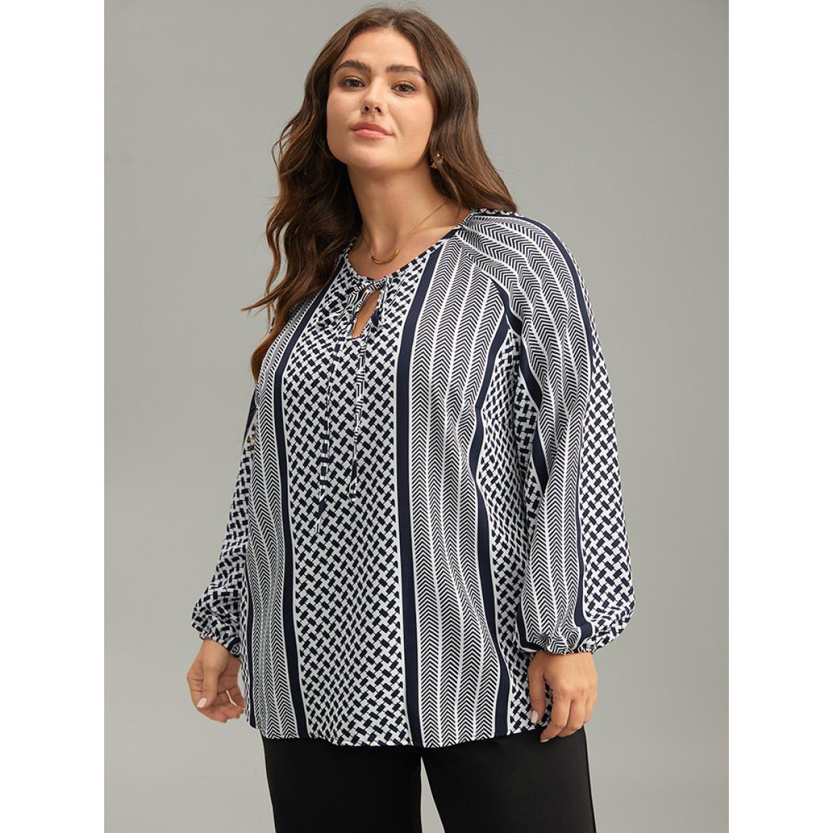 Plus Size Indigo Geo Striped Tie Lantern Sleeve Blouse Women Resort Long Sleeve Tie Neck Vacation Blouses BloomChic 22-24/3X Product Image