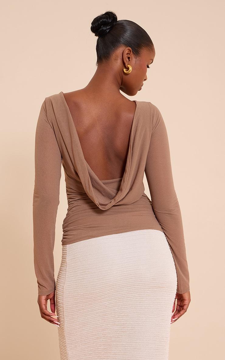Mocha Stretch Chiffon Cowl Back Long Sleeve Top Product Image