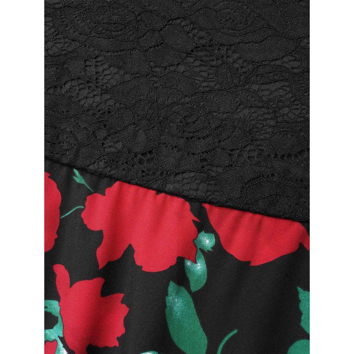 Plus Size Mix Print Sheer Lace Sleeve Maxi Dress Black Women Elegant Woven ribbon&lace trim Heart neckline Short sleeve Curvy BloomChic 28/5X Product Image