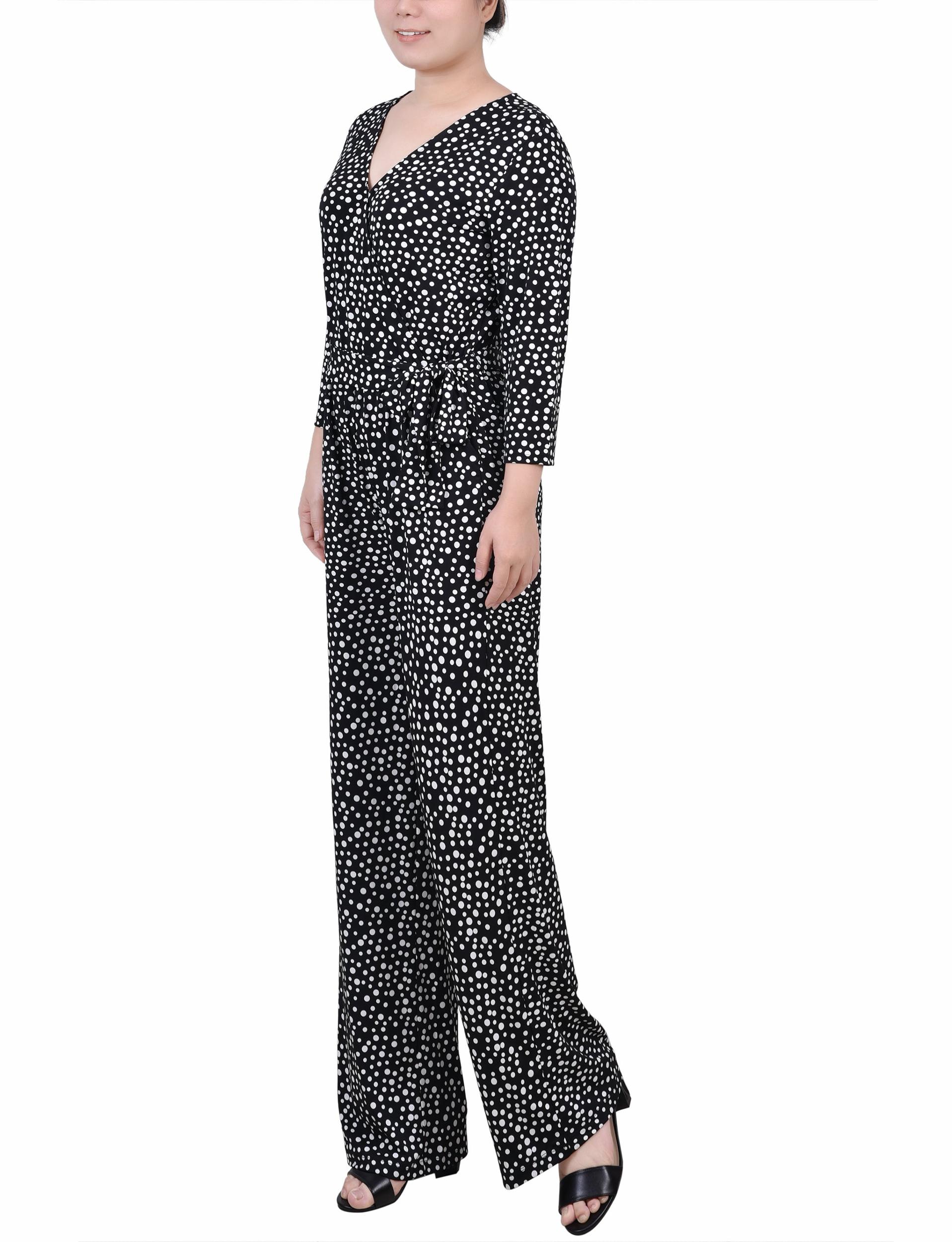 Black Spotted 3/4 Sleeve Belted Jumpsuit Product Image