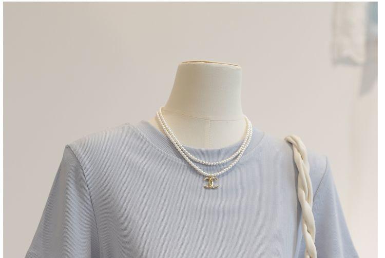 Short-Sleeve Crew Neck Plain Lace Up T-Shirt Product Image