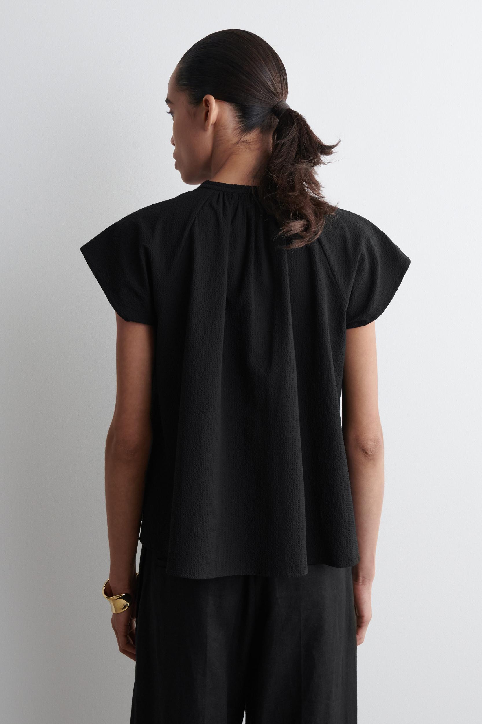 GATHERED GRANDAD-COLLAR BLOUSE Product Image
