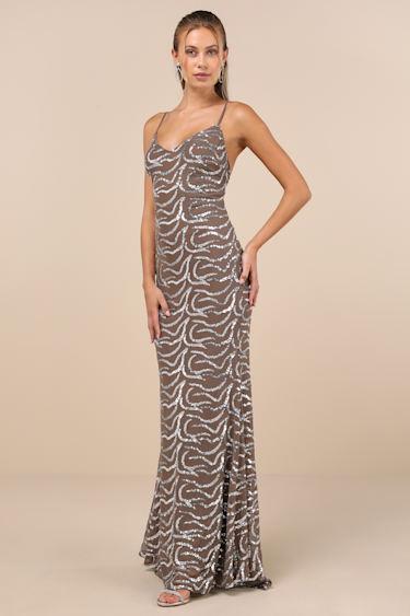 Mesmerizing Demeanor Taupe Sequin Backless Mermaid Maxi Dress Product Image