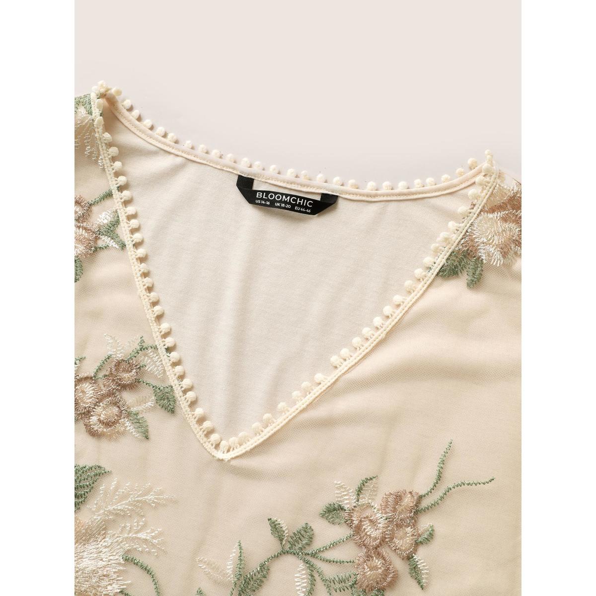 Plus Size Floral Mesh Embroidered Pompom Trim T-shirt Beige Women Elegant Contrast Natural Flowers V-neck Everyday T-shirts BloomChic 18-20/2X Product Image