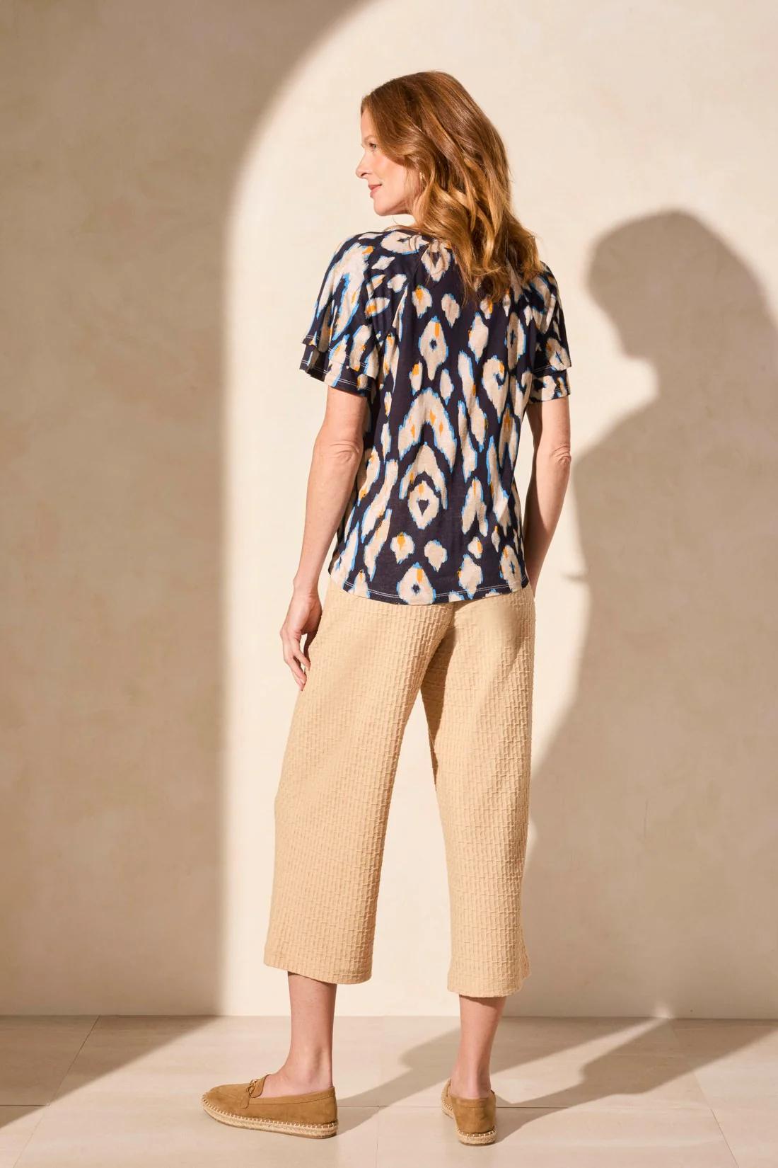 Linen-Blend Ruffle-Sleeve Crew Neck Top Product Image