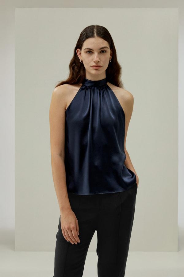 LILYSILK Silk Halter Neck Top - Womens - Navy Blue Natural Silk - Polished Sleeveless Blouse M Product Image