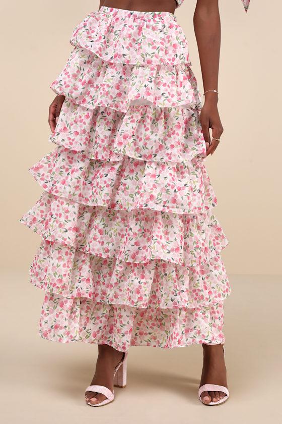 Wild Hearts Ivory Multi Floral Tiered Midi Skirt Product Image