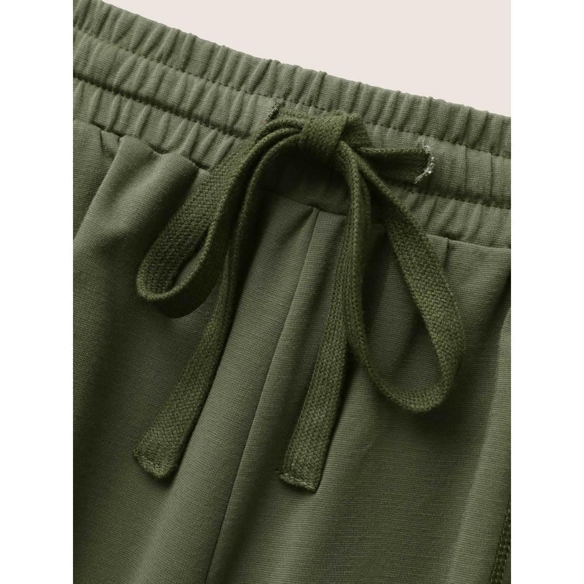 Plus Size Solid Drawstring Topstitching Mid Rise Carrot Pants Women ArmyGreen Casual Mid Rise Everyday Pants BloomChic 12/L Product Image