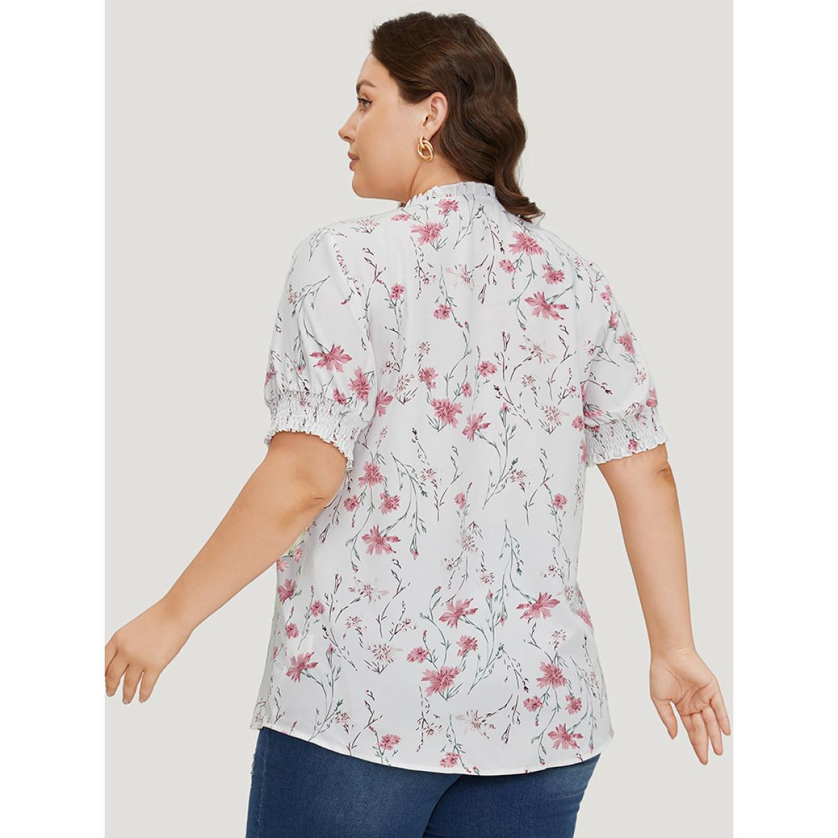 Plus Size White Floral Knot Frill Trim Shirred Lantern Sleeve Blouse Women Elegant Short sleeve Tie Neck Dailywear Blouses BloomChic 18-20/2X Product Image