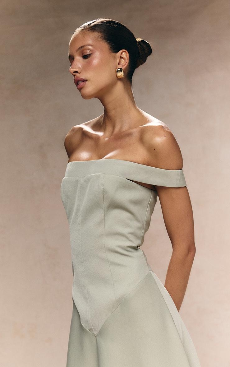Sage Green Structured Bardot V Waist Maxi Dress Product Image