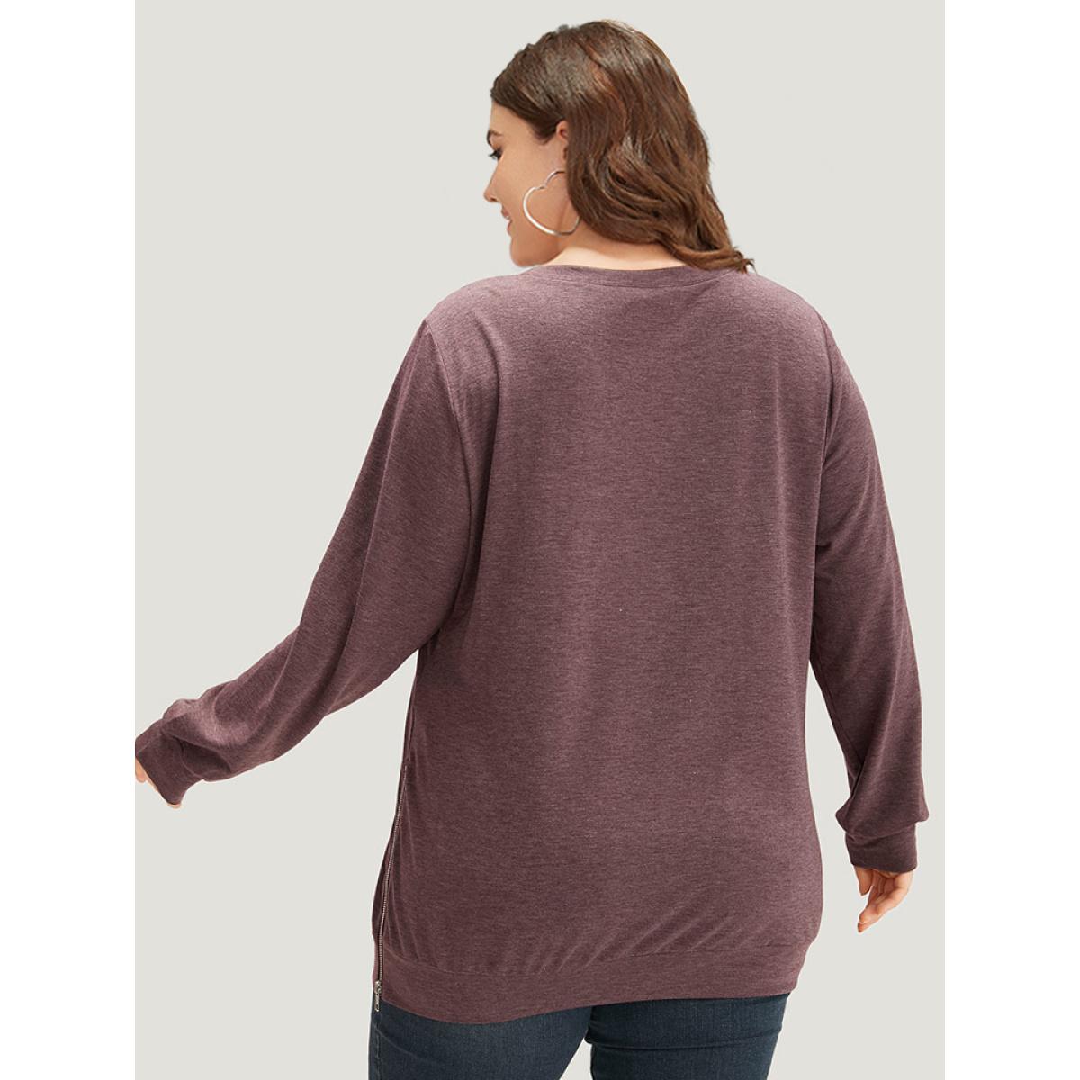 Plus Size Plain Zipper Round Neck Elastic Cuffs Sweatshirt Women Mauve Casual Elastic cuffs Round Neck Dailywear Sweatshirts BloomChic 18-20/2X Product Image