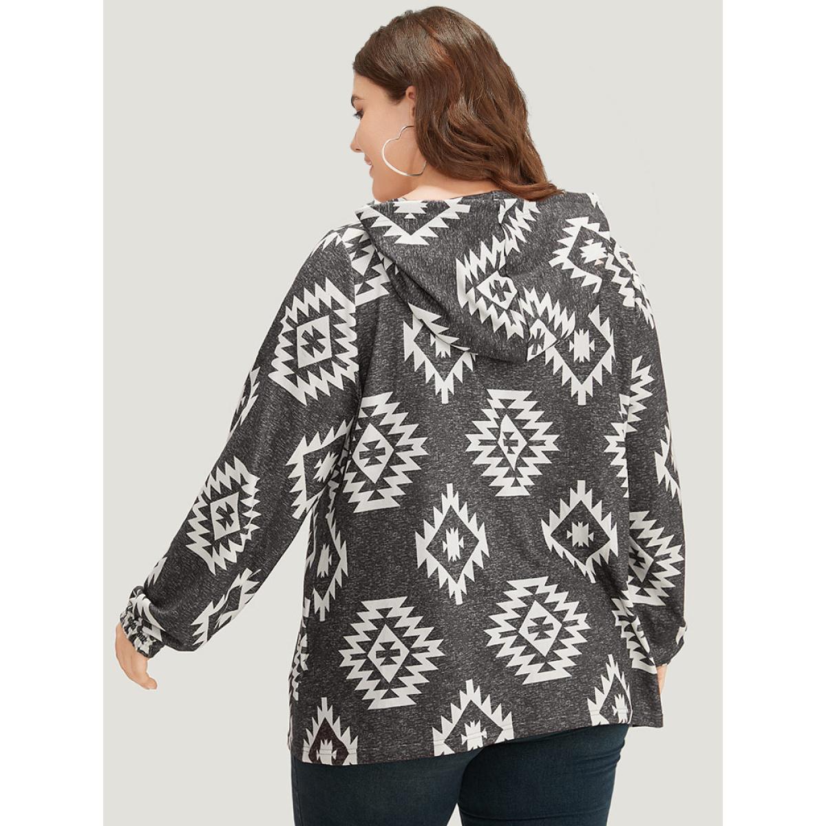 Plus Size Moroccan Print Hooded Pocket Sweatshirt Women Gray Casual Printed Hooded Dailywear Sweatshirts BloomChic 22-24/3X Product Image
