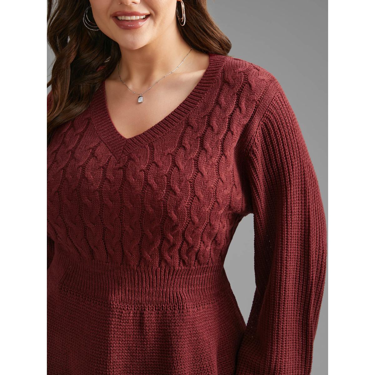 Plus Size V Neck Texture Cable Knit Pullover Burgundy Women Timeless Bodycon Long Sleeve V-neck Elegant Pullovers BloomChic 18-20/2X Product Image