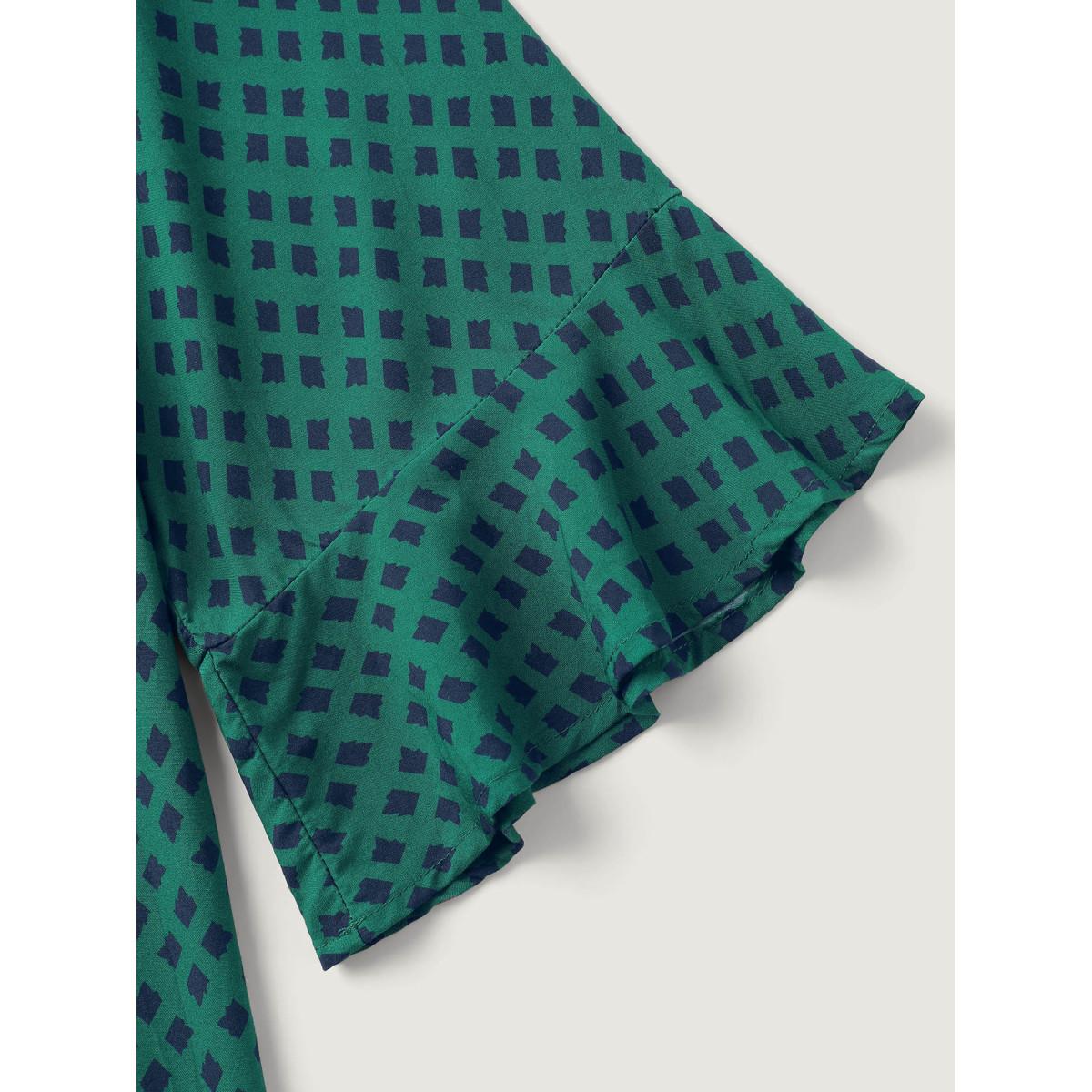 Plus Size Teal Geometric Print Bust-Ease Split Neck Blouse Women Office Three Quarter Length Sleeve Flat collar with V-notch Office Blouses BloomChic 18-20/2X Product Image