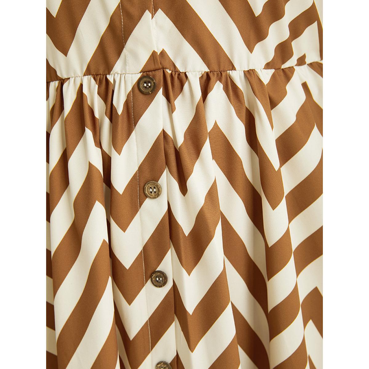 Plus Size Geometric Print Shirt Collar Button Through Dress Bronze Women Office Printed Shirt collar Short sleeve Curvy Midi Dress BloomChic 10/M Product Image