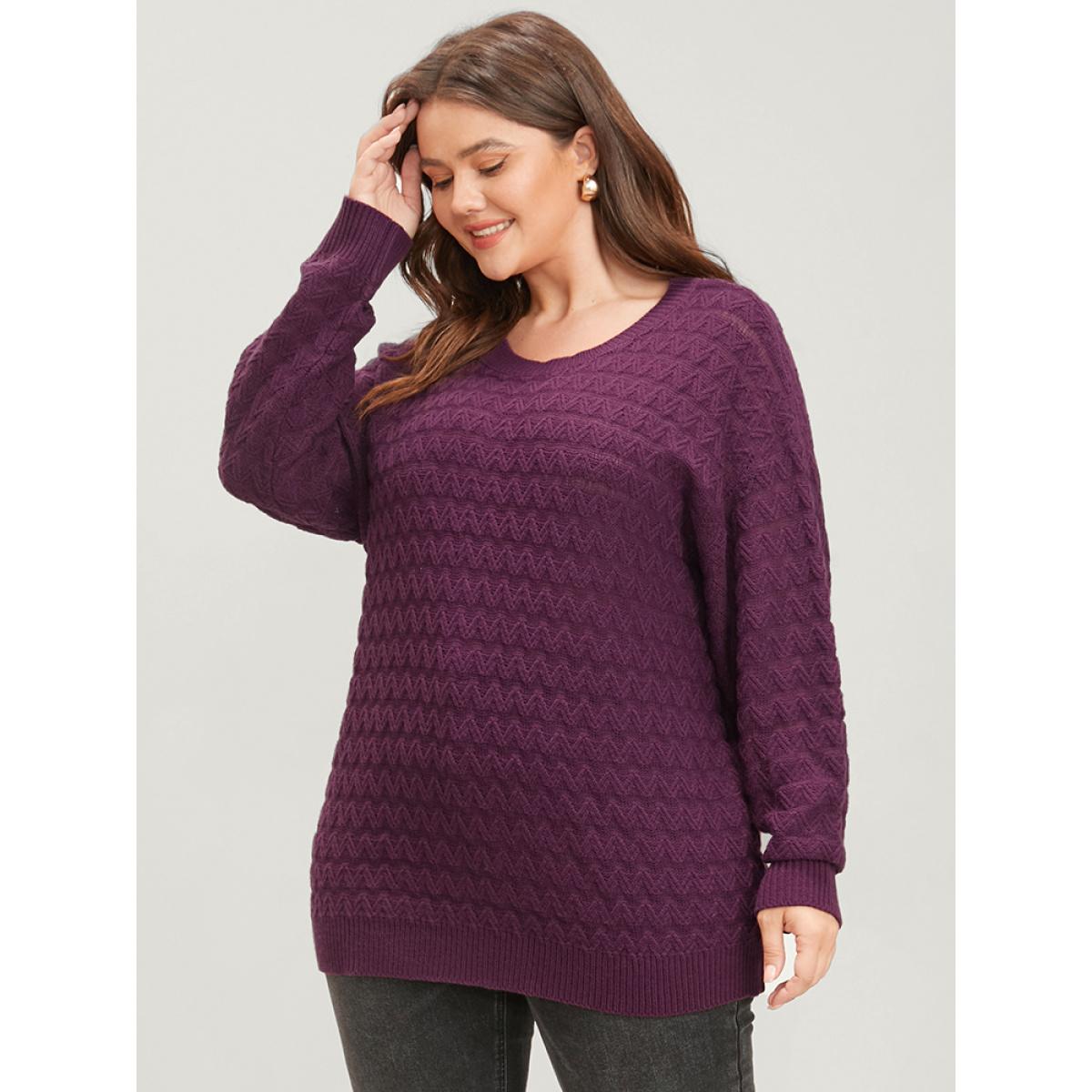 Plus Size Solid Geometric Pointelle Knit Round Neck Knit Top Eggplant Women Elegant Loose Long Sleeve Dailywear Pullovers BloomChic 30/6X Product Image