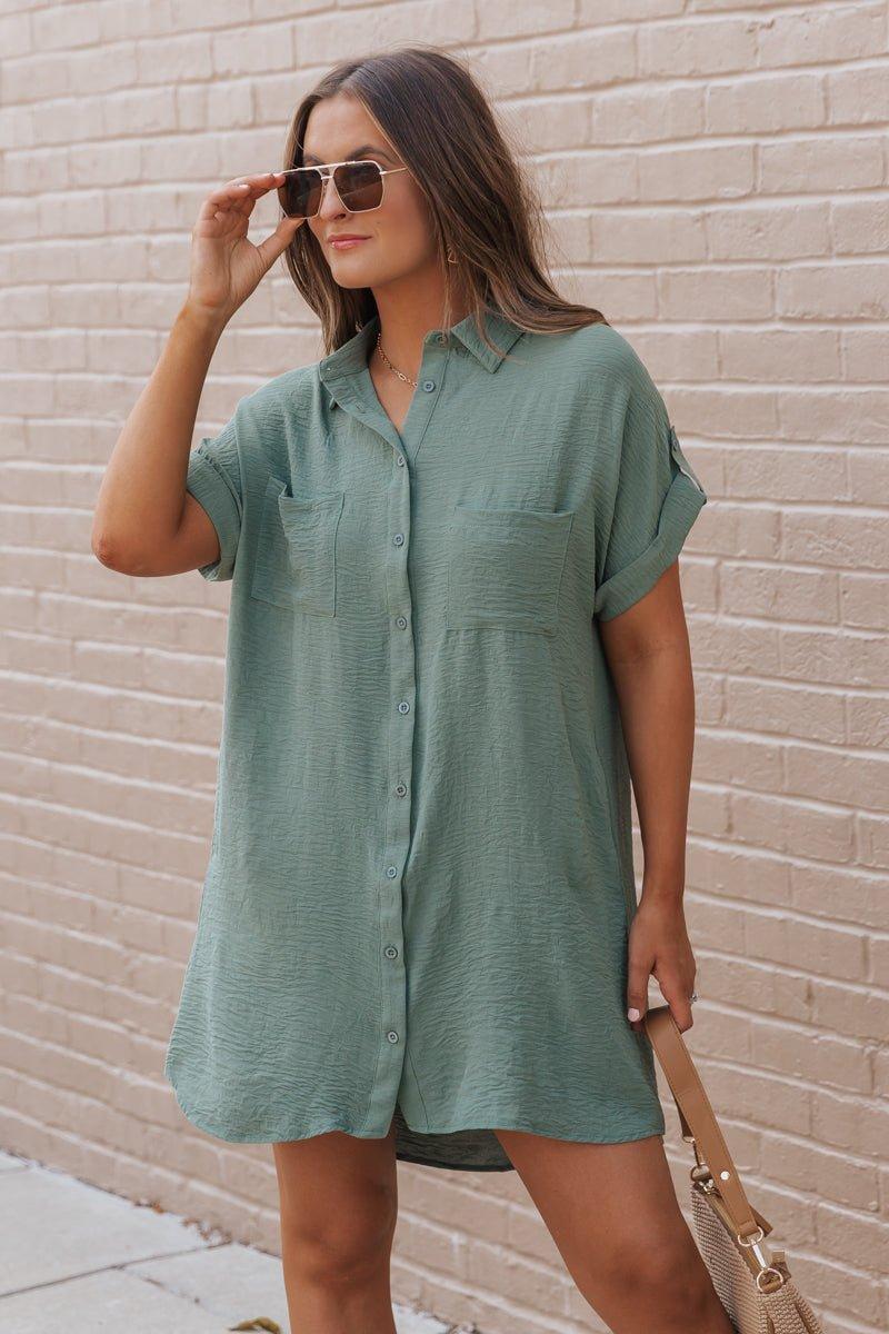 Green Button Up Shirt Dress Product Image