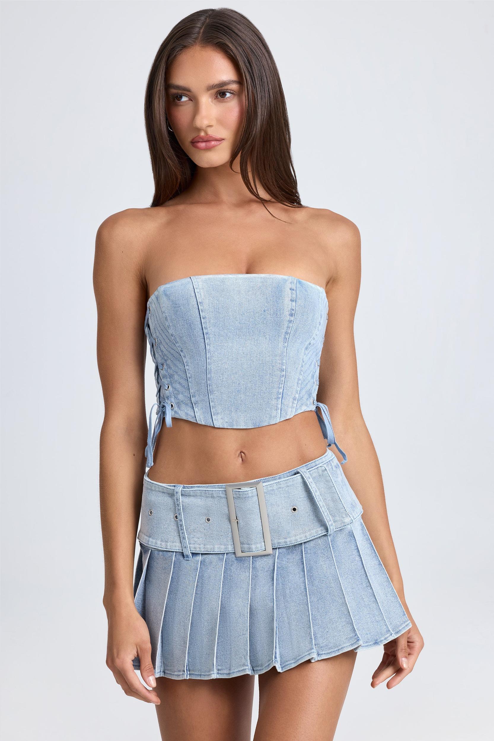 Belted Pleated Low-Rise Micro Mini Skirt in Light Blue Stonewash Product Image