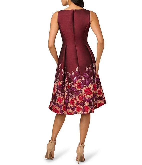 Adrianna Papell Jacquard Notch Scoop Neck Floral Print Pleated Sleeveless Midi Dress Product Image
