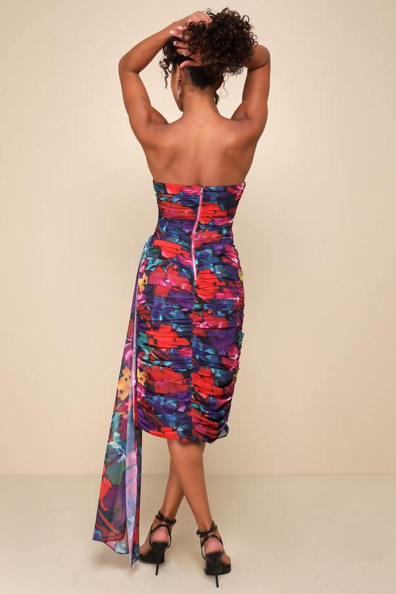 Uncommon Aesthetic Black Floral Strapless Bodycon Midi Dress Product Image