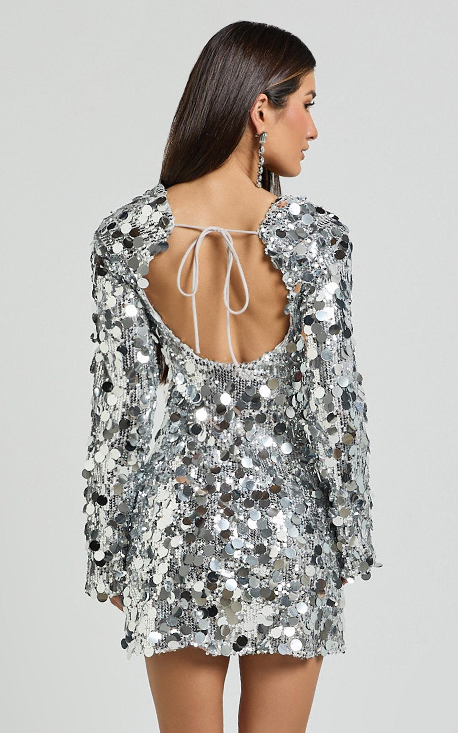 Selena Mini Dress - Flare Sleeve Disc Sequin Dress in Silver Product Image
