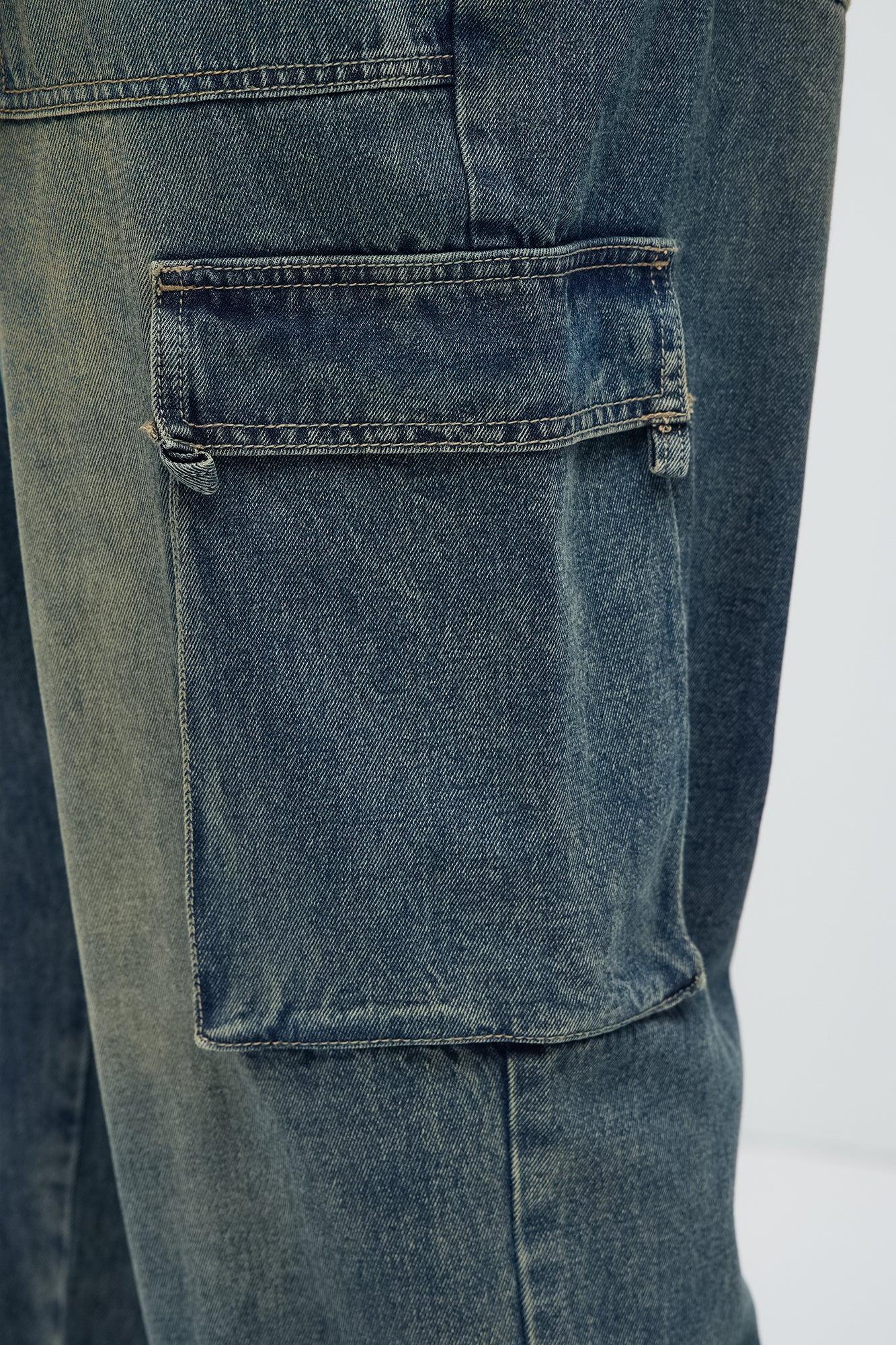 Tied Up Cargo Baggy Jeans - Medium Blue Wash Product Image