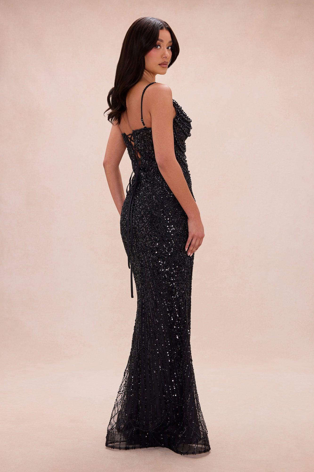 Glitz And Glam Pearl Embellished Gown - Black Female Product Image