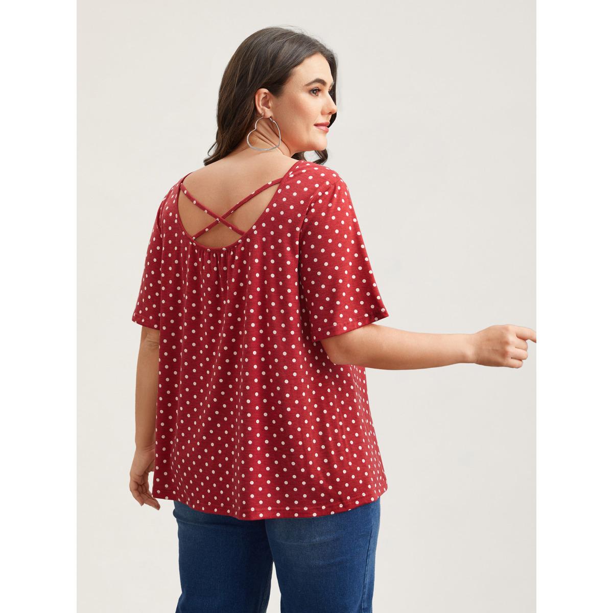 Plus Size Polka Dot Back-Tie Flared Sleeve T-Shirt Raspberry Women Casual Gathered Round Neck Everyday T-shirts BloomChic 18-20/2X Product Image