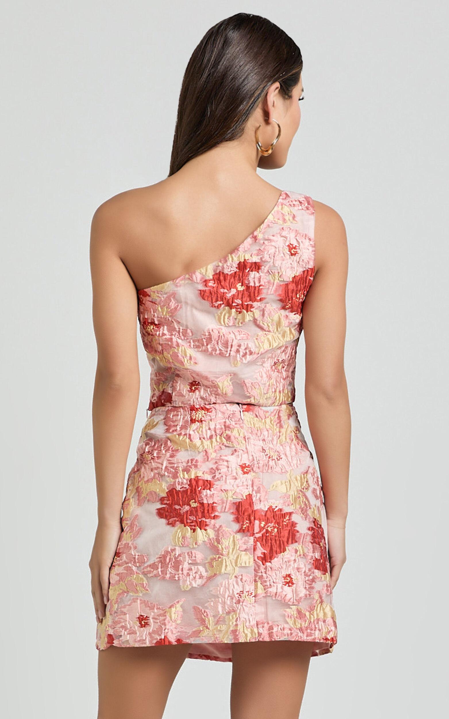 Anita Two Piece Set - One Shoulder Crop Top and Split Mini Skirt Jacquard Set in Rust Product Image