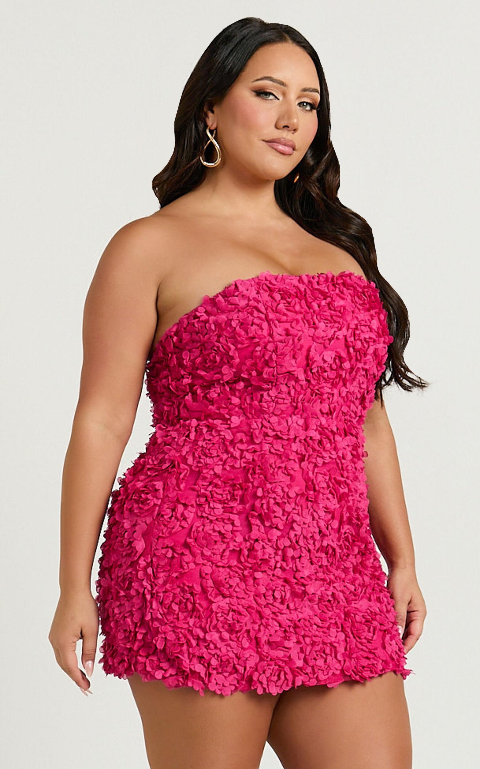 Cassia Mini Dress - Strapless 3D Floral Lace Up Back Dress in Pink Product Image