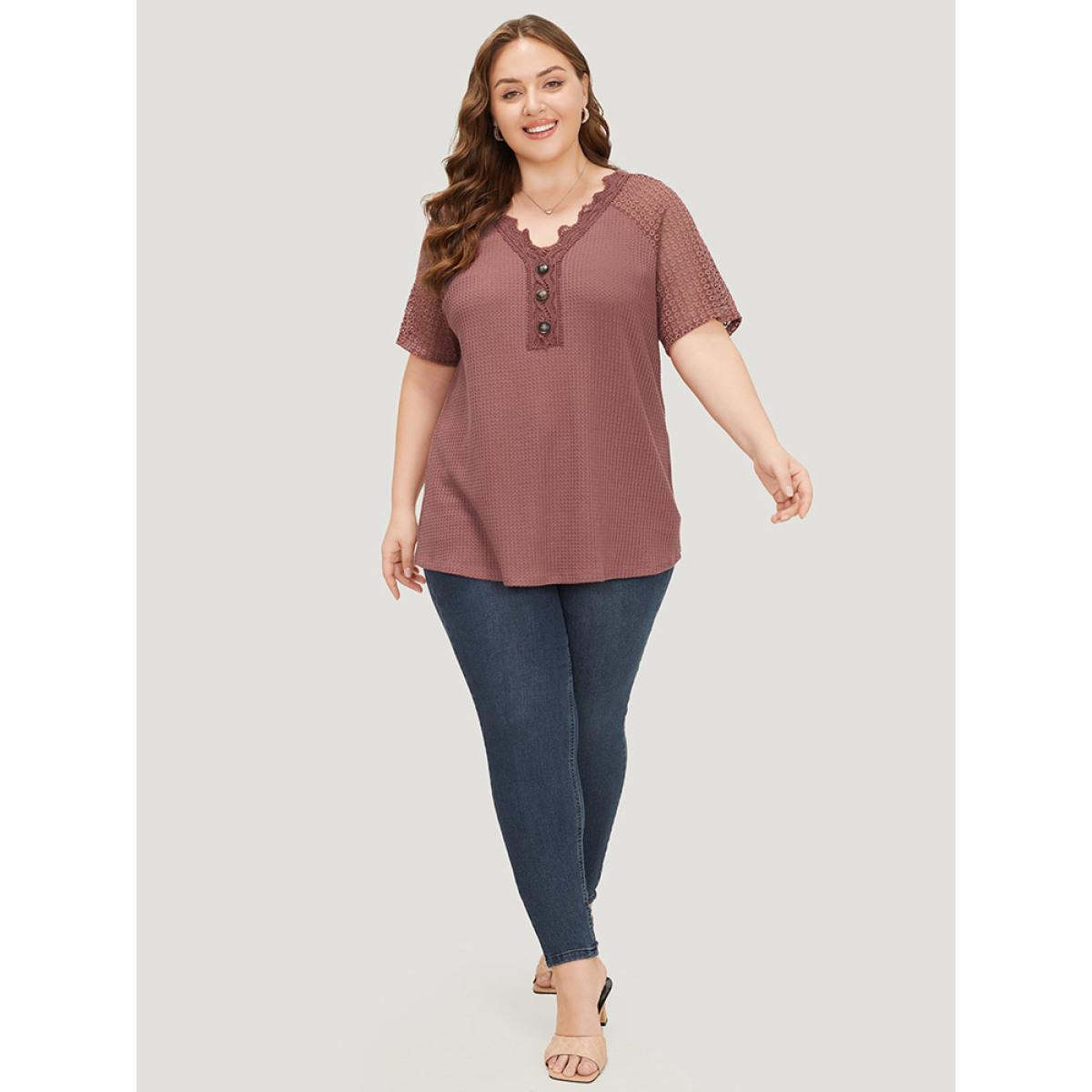 Plus Size Plain Contrast Lace Raglan Sleeve Button Detail T-shirt DustyPink Women Elegant Lace Plain V-neck Dailywear T-shirts BloomChic 10/M Product Image