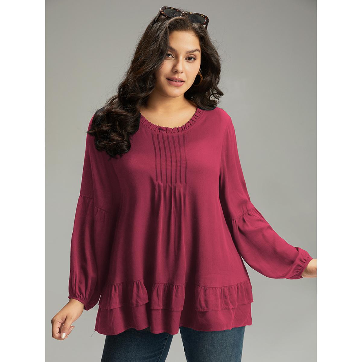 Plus Size Scarlet Seam Detail Frill Trim Layered Blouse Women Elegant Long Sleeve Round Neck Dailywear Blouses BloomChic 14-16/1X Product Image