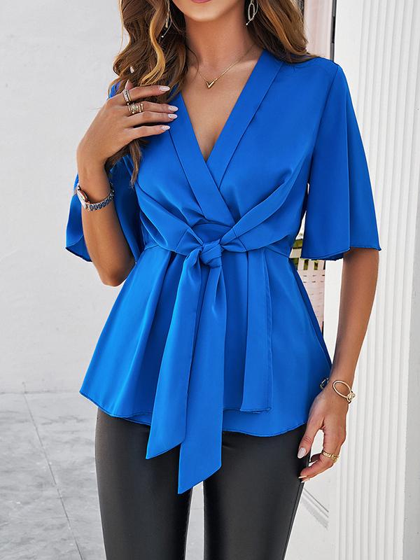 Flared Sleeves Half Sleeves Solid Color Tied V-Neck Blouses&Shirts Tops Product Image