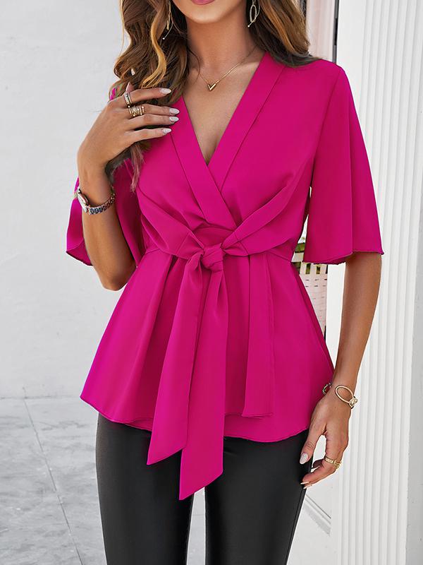 Flared Sleeves Half Sleeves Solid Color Tied V-Neck Blouses&Shirts Tops Product Image
