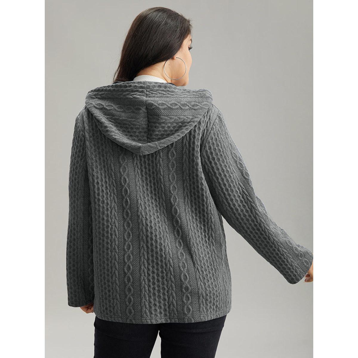 Plus Size Contrast Cable Knit Pocket Hooded Jacket Women Gray Casual Texture Ladies Dailywear Winter Coats BloomChic 18-20/2X Product Image