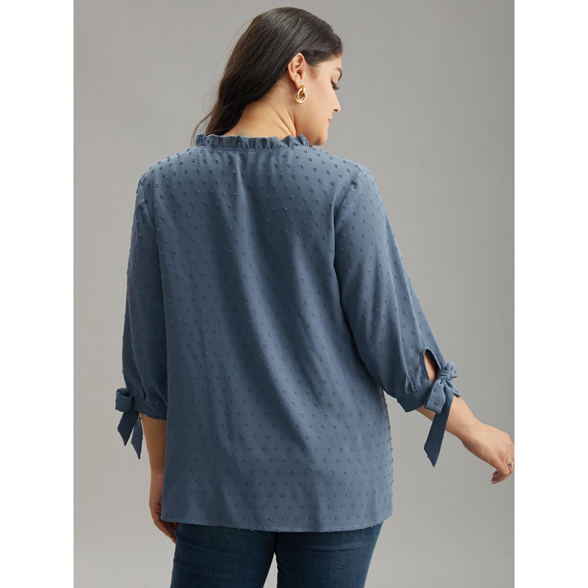 Plus Size Stone Textured Embroidered Frill Trim Tie Neck Blouse Women Vacation Long Sleeve Tie Neck Dailywear Blouses BloomChic 28/5X Product Image