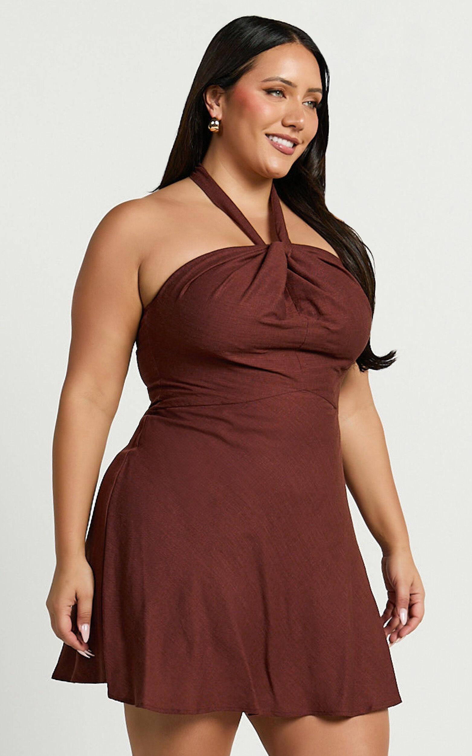 Louie Mini Dress - Linen Halter Neck Dress in Chocolate Product Image