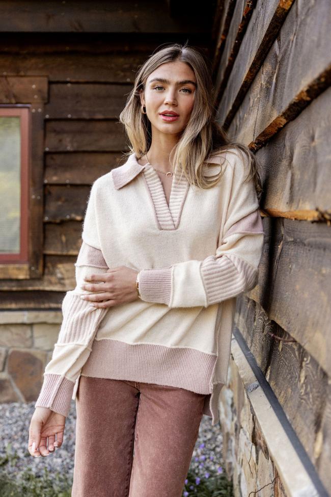 Think About It Cream and Mauve Collared Oversized Sweater Product Image