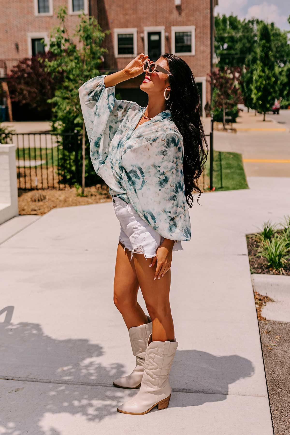 Somewhere Tropical Watercolor Tie Top In Dark Teal Product Image