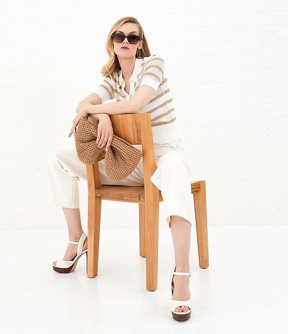 Le' AL.X Stripe Knit Wide Mesh Polo Collar V-Neck Short Rugby Top Product Image