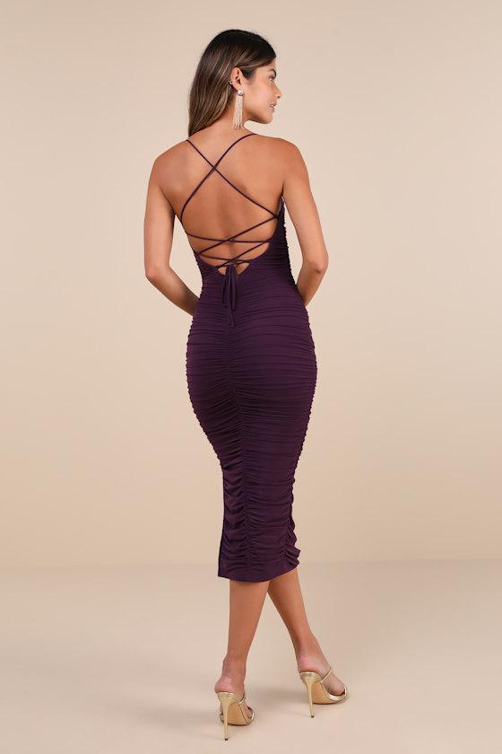 Flirty Instinct Purple Mesh Ruched Lace-Up Bodycon Midi Dress Product Image