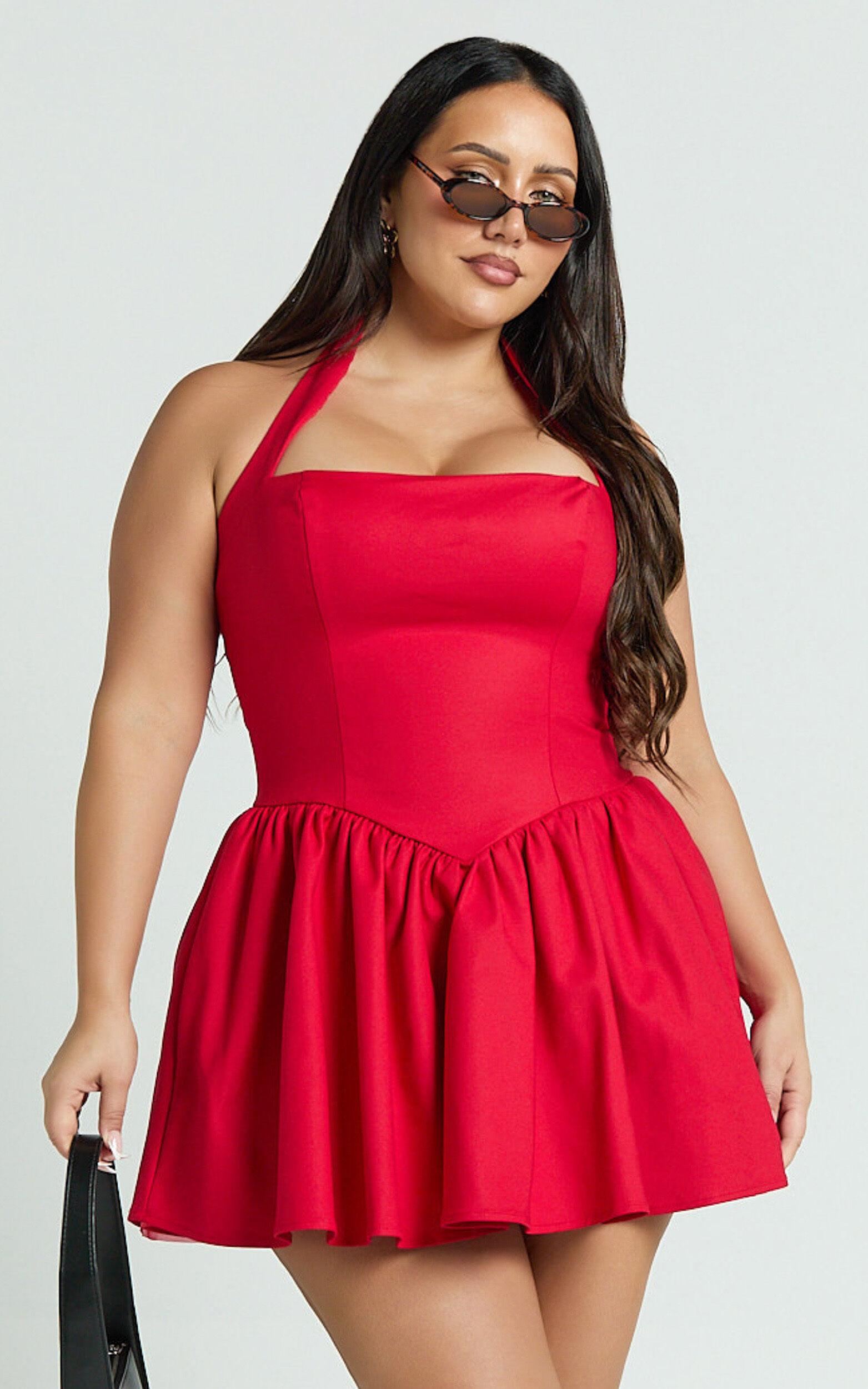 Helda Mini Dress - Halter Tie Neck Corset Panel Dress in Red Product Image