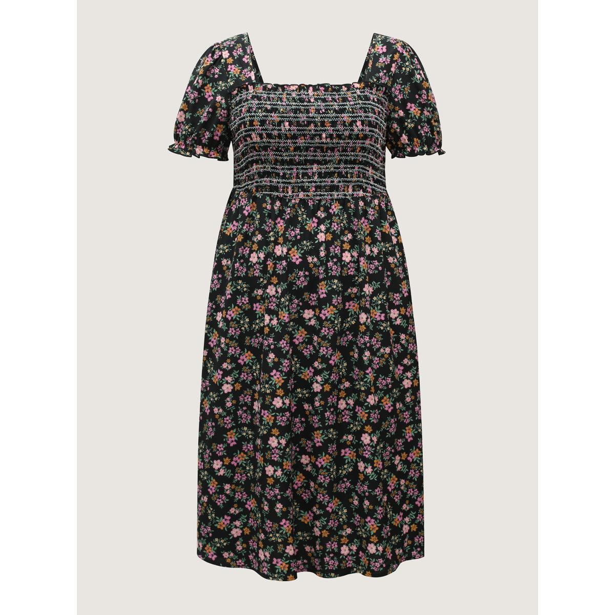 Plus Size Floral Shirred Bodice Contrast Midi Dress Black Women Romantic Gathered Square Neck Short sleeve Curvy BloomChic 30/6X Product Image