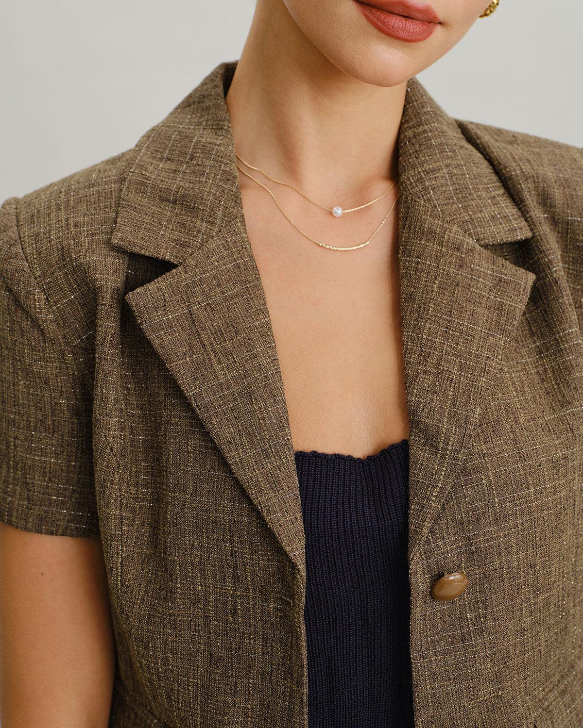 Brown Plaid Button Short Sleeve Jacket Product Image