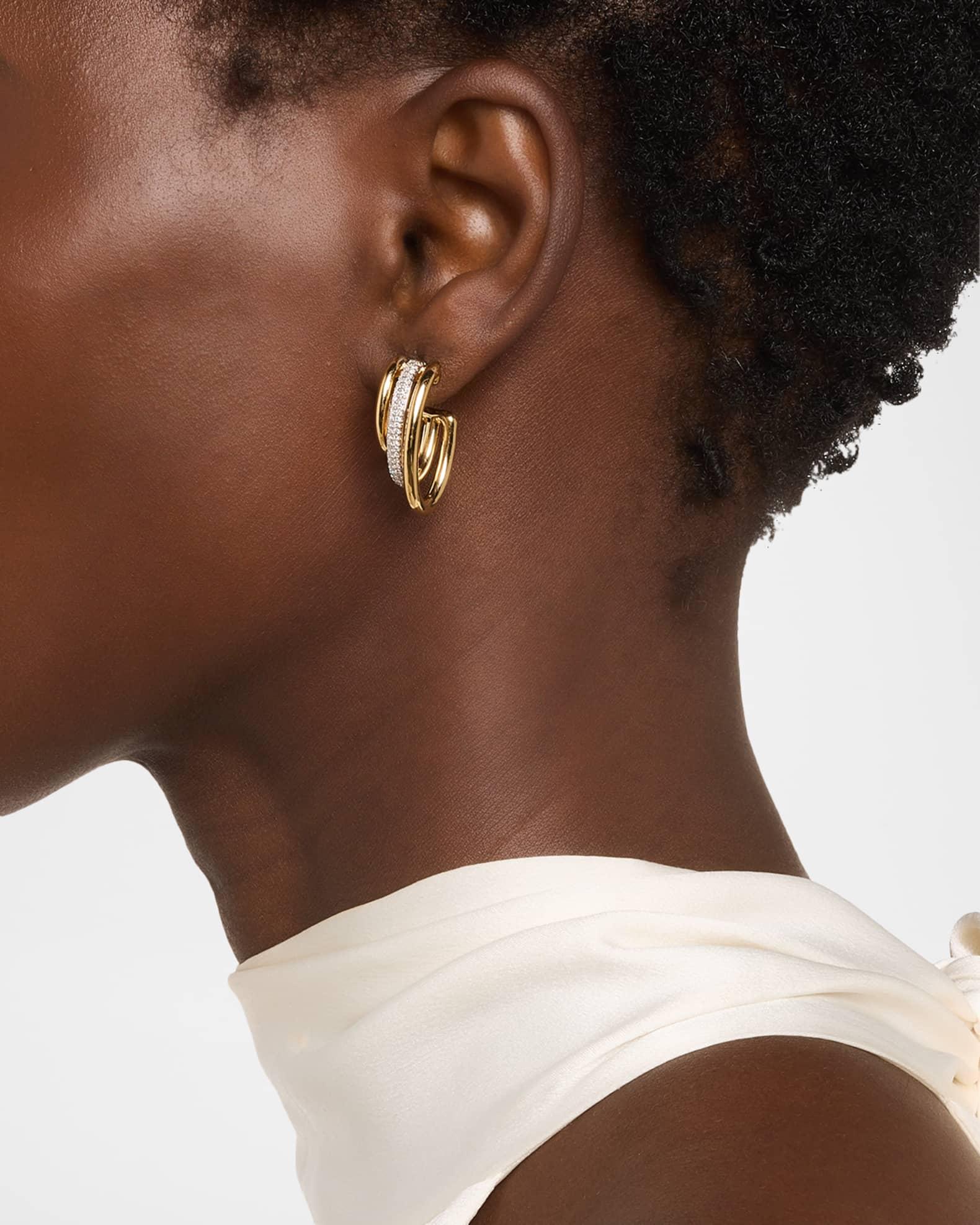 14K Yellow Gold Triple Diamond Oval Hoop Earrings Product Image